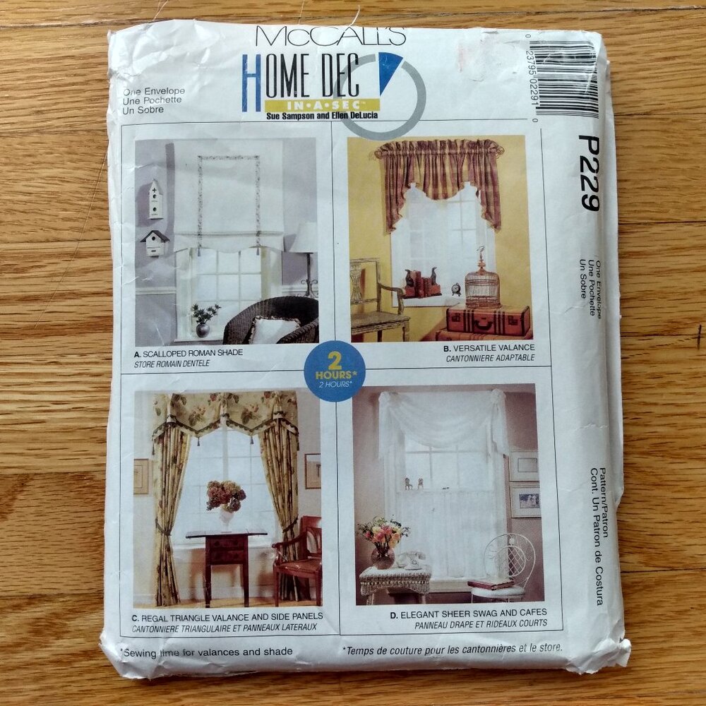 Curtain Sewing Pattern Swag Valance Cafe Roman Shade McCall's P229 UNCUT